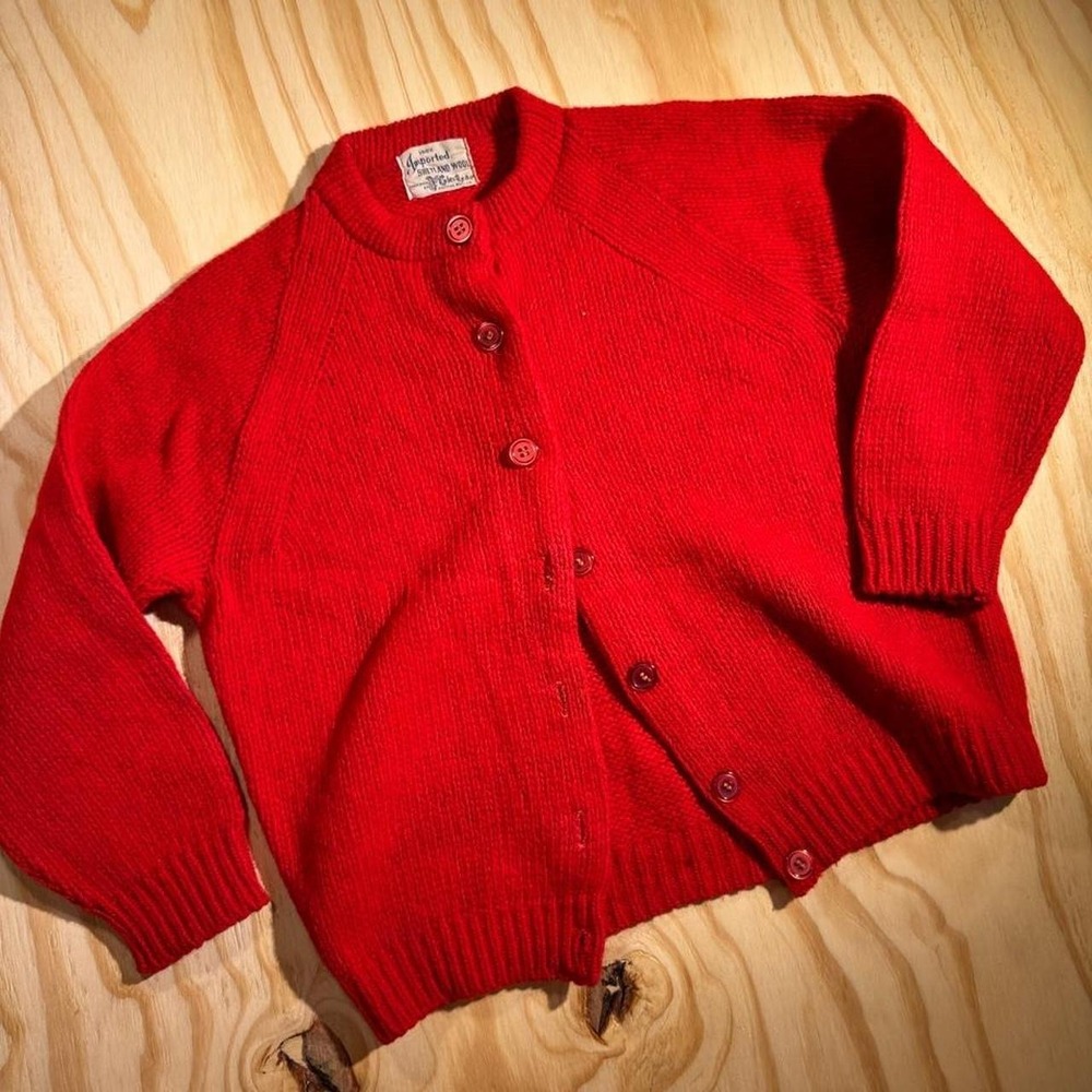 Red vintage 1950s Shetland knitting mills cardigan sweater